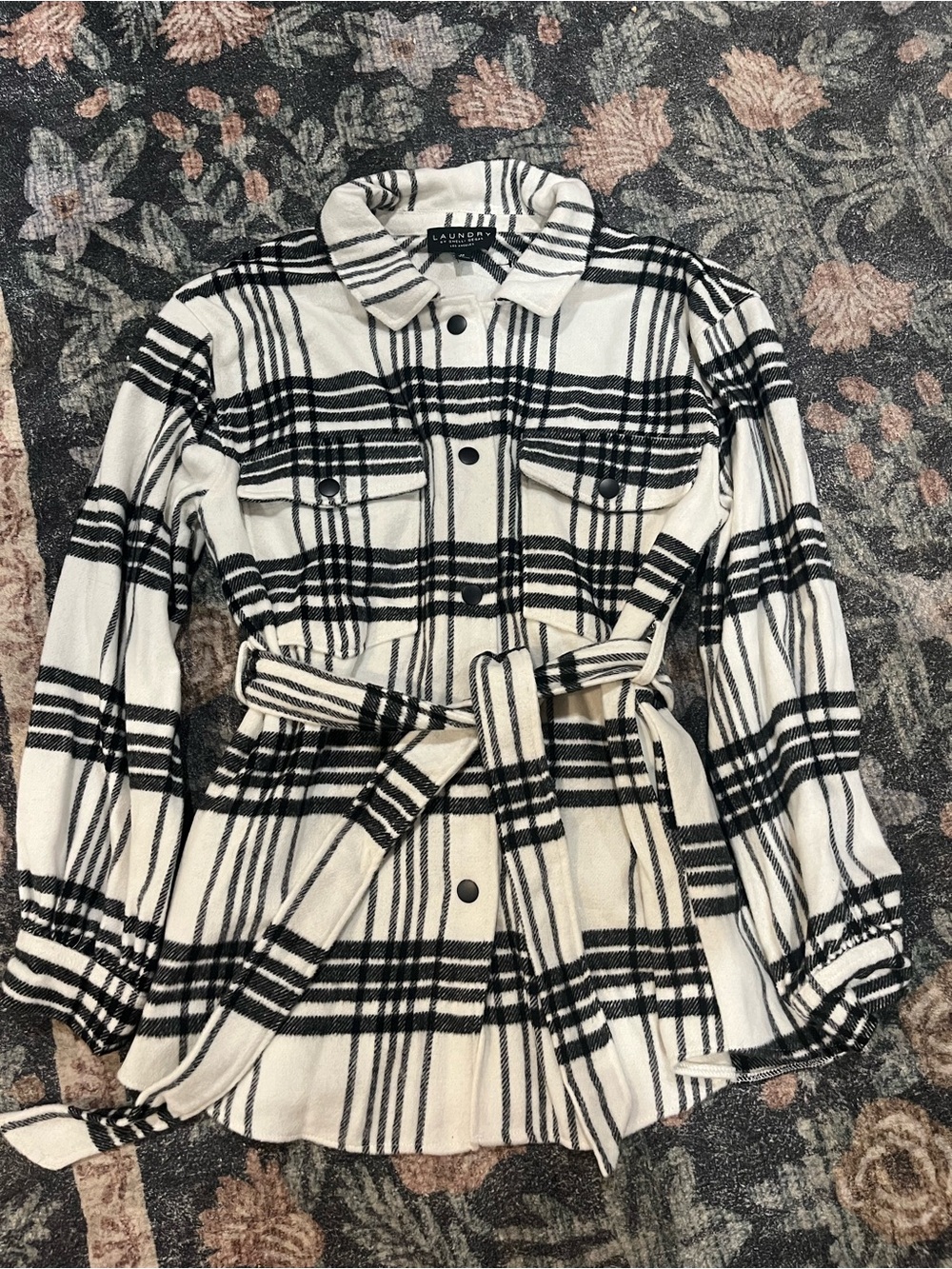 Laundry By Shelli Segal Black and White Plaid Belted Shacket